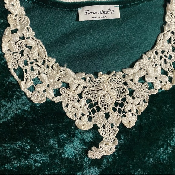 Vintage Emerald Green Crushed Velvet Long Sleeve Dress Lace Collar Size S - Picture 2 of 6
